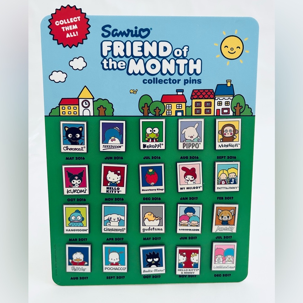 Sanrio Friend of the Month Pin Collection (20 Pins) on Acrylic Display Board